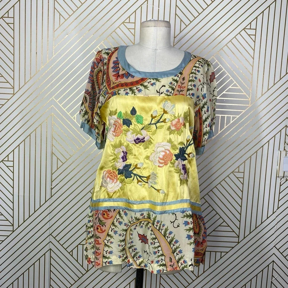 Johnny Was Mistic Paneled & Printed‎ Tunic Top Yellow Floral Size US Small
